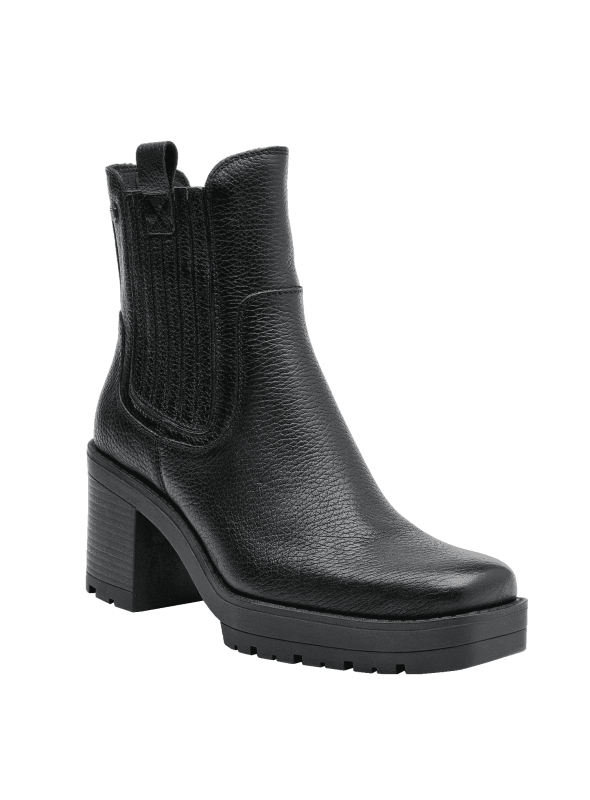 Botín de cuero negro estilo Chelsea para mujer, combina elegancia y comodidad, apto para eventos y reuniones.