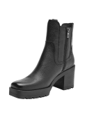 Botín Chelsea negro de cuero para mujer, ideal para un estilo elegante y moderno, perfecto para ocasiones formales.