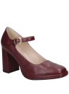 Zapato burdeos de cuero para mujer, estilo casual clásico, con taco cuadrado alto y acabado liso y brillante en la punta.
