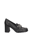 Zapato de cuero negro con cadena decorativa, mocasín elegante de mujer con taco cuadrado para ocasiones diversas.