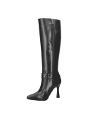 Bota de cuero negro para mujer, de estilo vestir, con caña alta debajo de la rodilla y tacón fino que estiliza la figura.