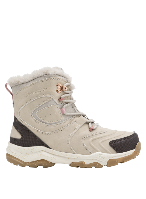 Calzado con lengüeta acolchada y ribete peludo en el forro superior, brindando aislamiento térmico.