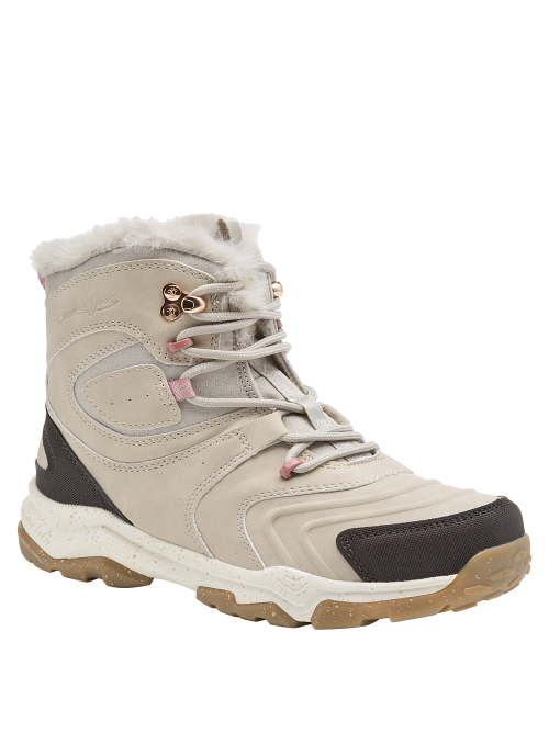 Calzado con lengüeta acolchada y ribete peludo en el forro superior, brindando aislamiento térmico.