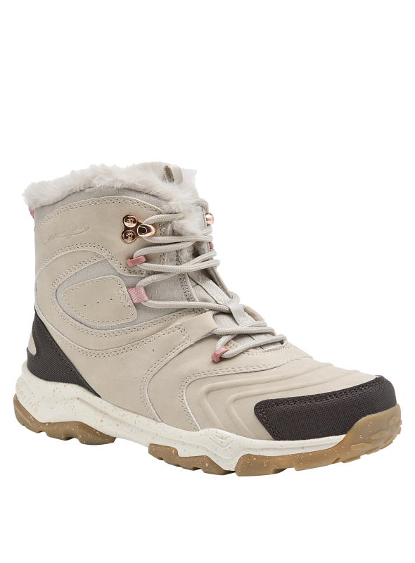 Calzado con lengüeta acolchada y ribete peludo en el forro superior, brindando aislamiento térmico.