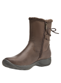 Bota café de cuero para mujer, estilo utilitario con forro sintético y hebillas, ideal para climas fríos.