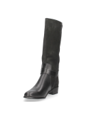 Bota negra de cuero para mujer estilo biker con hebilla lateral y diseño robusto.