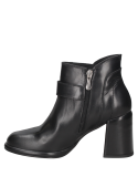Botín negro de cuero para mujer, estilo casual, con tacón cuadrado y hebilla metálica lateral.