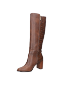 bota café de mujer en cuero con diseño casual, ideal para otoño, presenta panel lateral grabado y detalle metálico elegante.