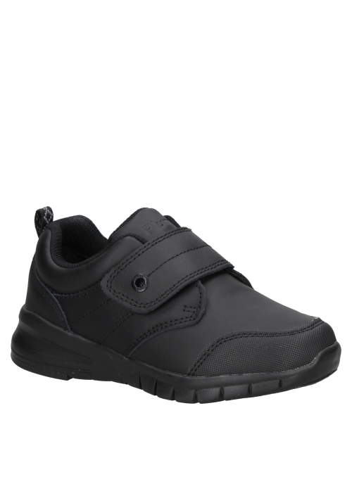 Calzado escolar negro de cuero para niño, con cierre de velcro y suela gruesa, ideal para actividades cotidianas.