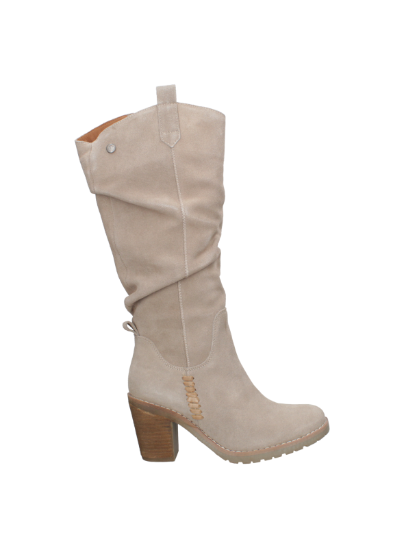 Bota taupe de cuero para mujer, estilo casual, con taco bloque de 8 cm y caña alta de 35 cm.
