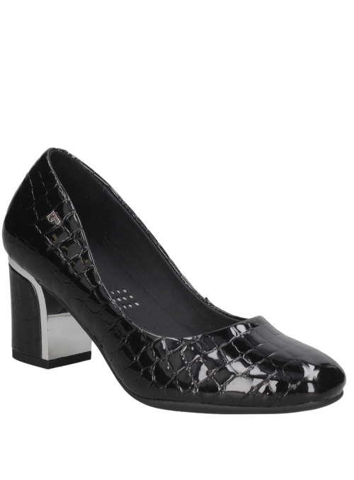 Zapato de cuero negro para mujer, estilo charol, clásico y elegante, ideal para eventos formales y semi-formales.