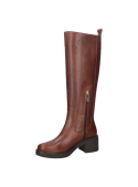 Bota casual de cuero café para mujer, diseño moderno con hebilla superior y ajuste al contorno de la pierna.