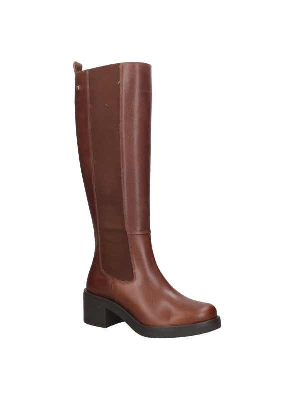 Bota negra de cuero para mujer, diseño alto hasta la rodilla, con ajuste elástico trasero y detalle de cierre superior.