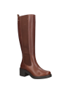 Bota de cuero café para mujer, diseño alto hasta la rodilla con material elástico trasero para ajuste cómodo y moderno.