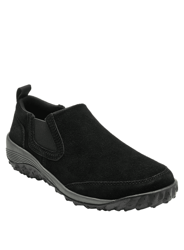 zapatilla casual negra de cuero gamuzado para mujer, combinable con jeans o vestidos informales para un look relajado.