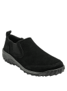 zapatilla casual negra de cuero gamuzado para mujer, combinable con jeans o vestidos informales para un look relajado.