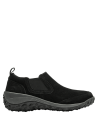 zapatilla slip-on negra de cuero gamuzado para mujer, con detalles elásticos laterales que ofrecen flexibilidad y soporte