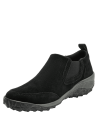 zapatilla negra casual de cuero gamuzado para mujer con diseño slip-on y detalles elásticos para ajuste cómodo y seguro