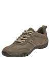Zapatilla casual de cuero taupe para mujer, con costuras visibles y perforaciones, ideal para un look sporty-casual.
