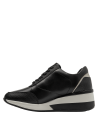 calzado deportivo negro de cuero para mujer con cordones superiores y suela de plataforma para un estilo casual.