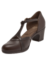 Zapato de mujer café de cuero con diseño retro-chic, correa ajustable y tacón medio, ideal para ocasiones semi-formales.