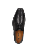 Zapato de vestir negro de cuero para hombre con diseño clásico Derby y costuras decorativas que añaden sofisticación.