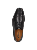 Zapato de vestir negro de cuero para hombre con diseño clásico Derby y costuras decorativas que añaden sofisticación.
