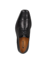 Zapato de vestir negro de cuero para hombre con diseño clásico Derby y costuras decorativas que añaden sofisticación.