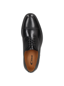 Zapato Derby de cuero negro, diseño clásico con cordonera abierta y puntera recta, ideal para eventos formales.