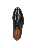 Zapato de cuero negro para hombre, estilo derby formal, con cordones abiertos y puntera redondeada en diseño clásico.
