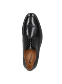 Zapato de cuero negro para hombre, estilo derby formal, con cordones abiertos y puntera redondeada en diseño clásico.
