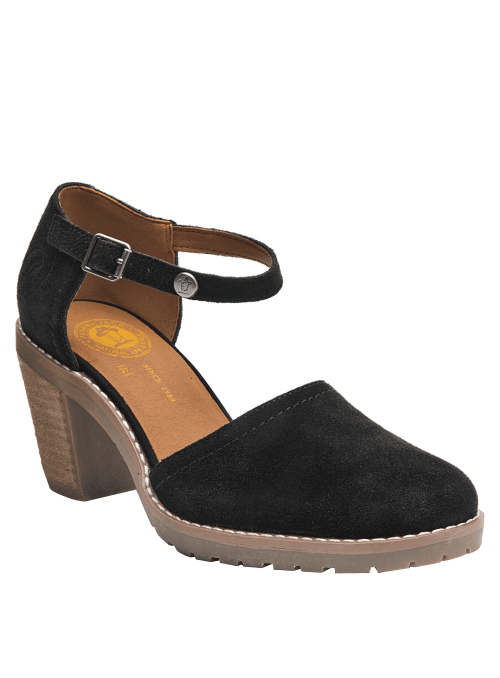 Cómoda sandalia de cuero negro para mujer, con diseño casual y taco bloque, perfecta para el hogar.
