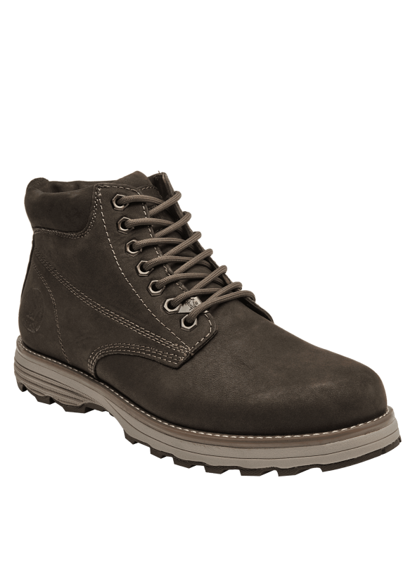 Botín camel de cuero gamuzado, estilo utilitario, suela con patrón de tracción, perfecto para un look urbano y práctico.