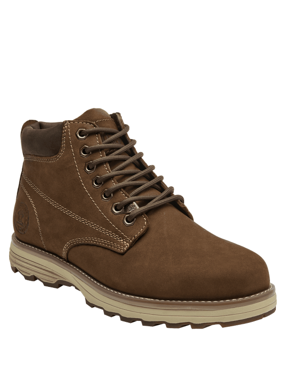 Botín camel de cuero gamuzado, estilo utilitario, suela con patrón de tracción, perfecto para un look urbano y práctico.