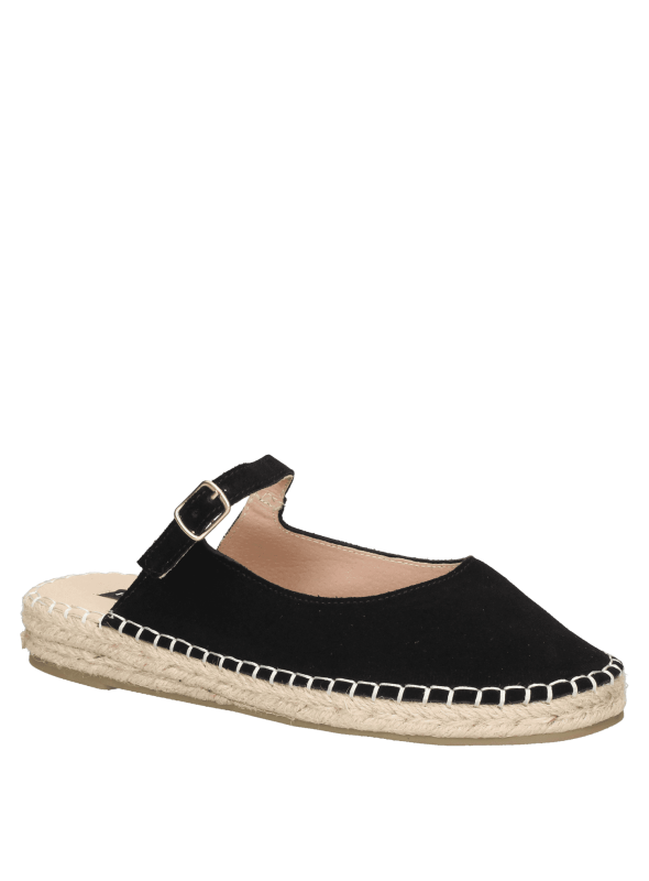 Alpargata negra de cuero para mujer, diseño sencillo y elegante con correa trasera ajustable y toque distintivo.