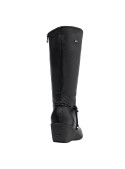 Bota negra casual de cuero para mujer, ideal para invierno, con taco plano de 7 cm y caña alta de 30 cm.