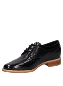 Zapato Oxford de cuero negro brillante para mujer con microperforaciones elegantes.