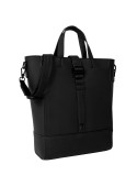 Tote bag negra con correa ajustable en nylon, adaptable para llevar al hombro o cruzada.