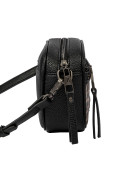 Bolso bandolera negro con detalles metálicos y correa ajustable en canvas y PU.