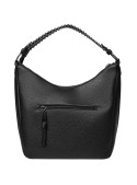 Tote bag negro con diseño minimalista y detalles contemporáneos, complemento ideal para atuendos casuales o formales.