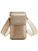 Compacto bolso dorado, perfecto para llevar teléfono y tarjetas de forma práctica.