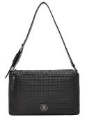 Cartera negra urbana de PU para mujer, diseño minimalista con tres bolsillos organizadores.