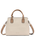 Elegante bolso casual beige con contraste marrón y herrajes dorados, ideal para oficina.