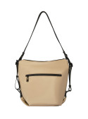 Mochila de mujer en nylon beige, con bolsillos seguros para uso diario.