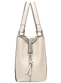Bolso casual femenino en tono marfil, con asas y correa ajustable, ideal para outfits minimalistas.