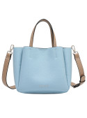 Bolso tote bag PU azul claro, contraste beige, ideal para looks formales y casuales.