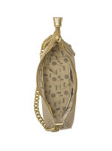 Bolso dorado metálico casual chic para mujer con textura granulada y cadena glamorosa.