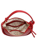 Bolso rojo vibrante de mujer con bolsillos organizadores y diseño minimalista.