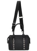 Bandolera negra para mujer con argollas metálicas y correas versátiles.