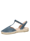 Alpargata de cuero gamuzado azul grisáceo con suela de yute y hebilla ajustable para mujer.